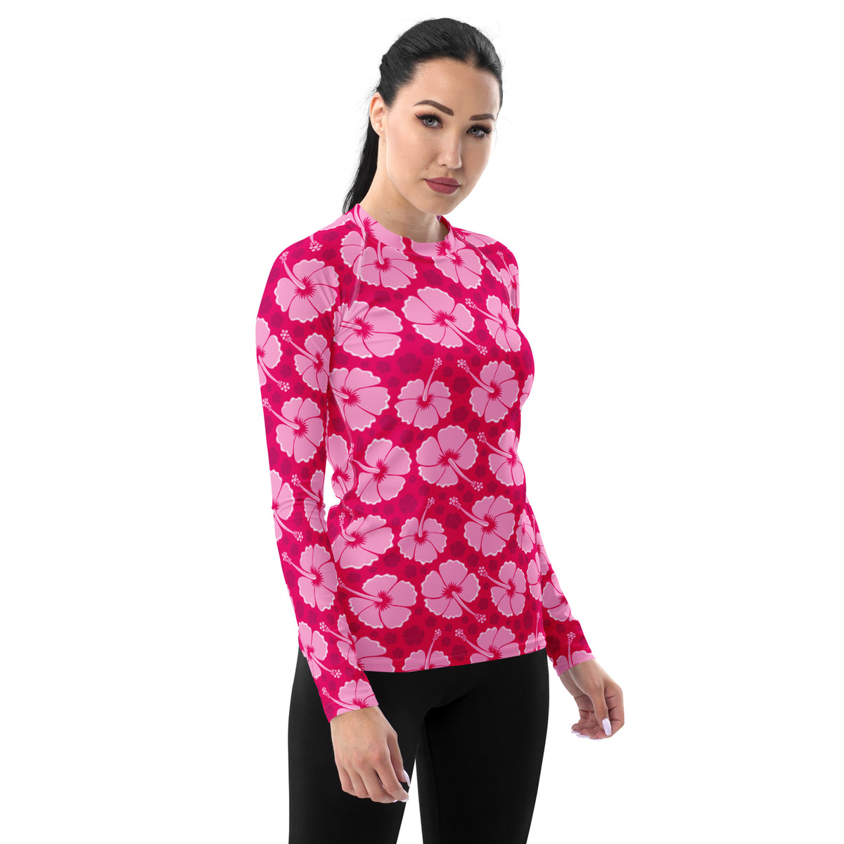 Women's Tropical Pink Hibiscus Long Sleeve Rash Guard Swim Shirt – Buttery Soft, Sun Safe UPF 50+ Protection, Quick Dry & 4-Way Stretch Comfort