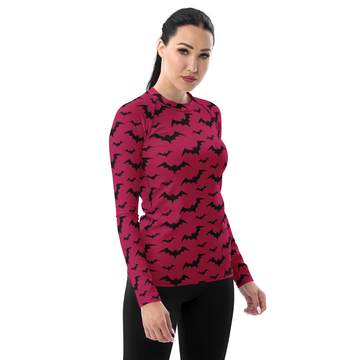 Women's Pink Bat Halloween Long Sleeve Rash Guard Swim Shirt – Buttery Soft, Sun Safe UPF 50+ Protection, Quick Dry & 4-Way Stretch Comfort