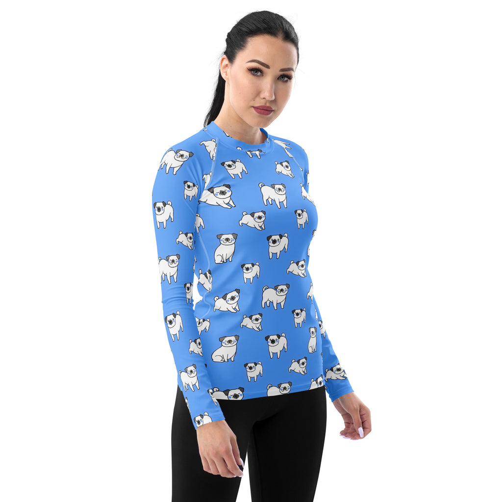 Women's Blue Pug Long Sleeve Rash Guard Swim Shirt – Buttery Soft, Sun Safe UPF 50+ Protection, Quick Dry & 4-Way Stretch Comfort