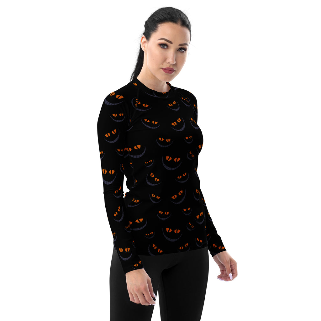 Women's Spooky Cat Smile Long Sleeve Rash Guard Swim Shirt – Buttery Soft, Sun Safe UPF 50+ Protection, Quick Dry & 4-Way Stretch Comfort