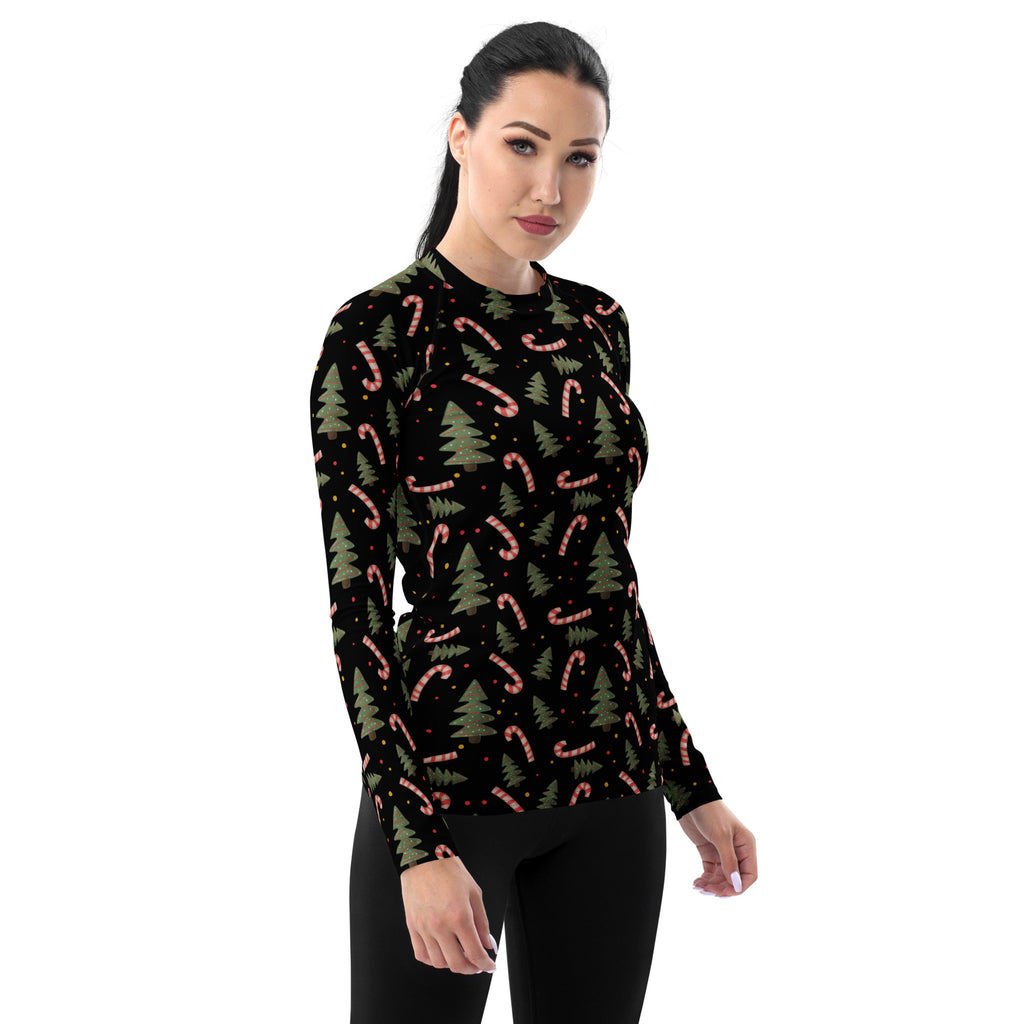 Women's Candy Cane Christmas Tree Long Sleeve Rash Guard Swim Shirt – Buttery Soft, Sun Safe UPF 50+ Protection, Quick Dry & 4-Way Stretch Comfort