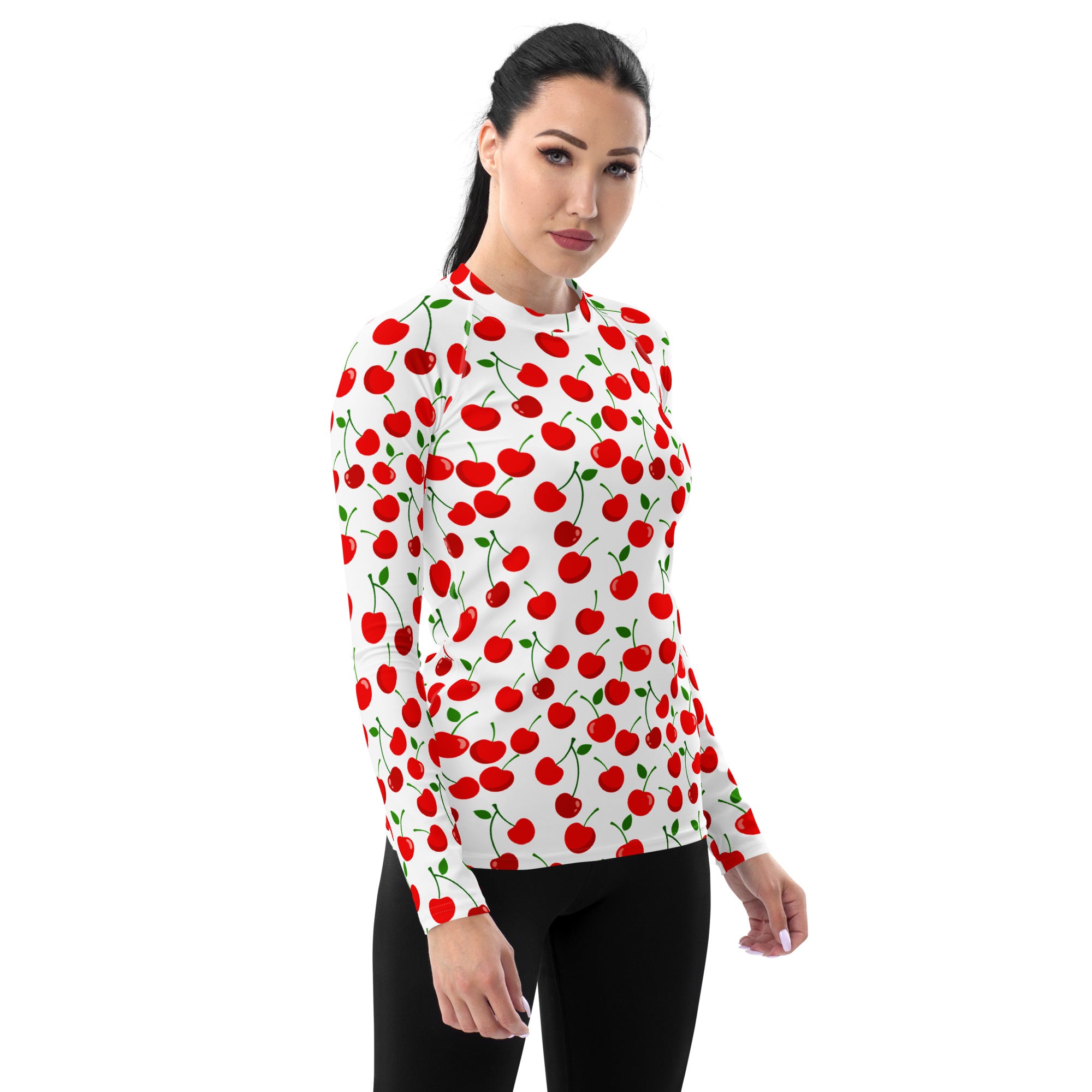 Women's Red Cherry Long Sleeve Rash Guard Swim Shirt – Buttery Soft, Sun Safe UPF 50+ Protection, Quick Dry & 4-Way Stretch Comfort