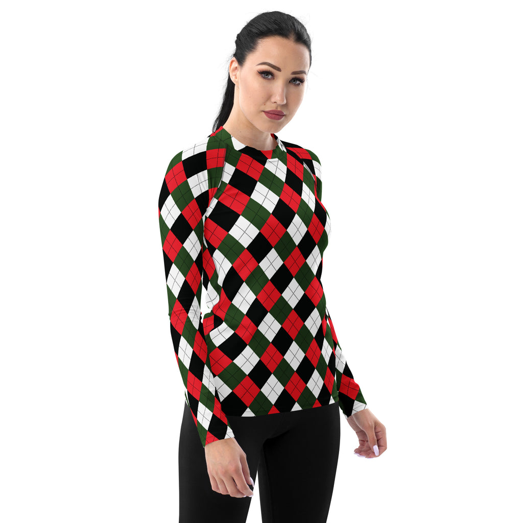 Women's Christmas Argyle Long Sleeve Rash Guard Swim Shirt – Buttery Soft, Sun Safe UPF 50+ Protection, Quick Dry & 4-Way Stretch Comfort
