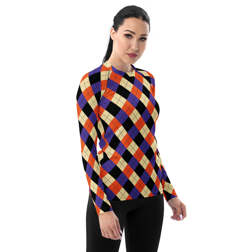 Women's Halloween Argyle Long Sleeve Rash Guard Swim Shirt – Buttery Soft, Sun Safe UPF 50+ Protection, Quick Dry & 4-Way Stretch Comfort