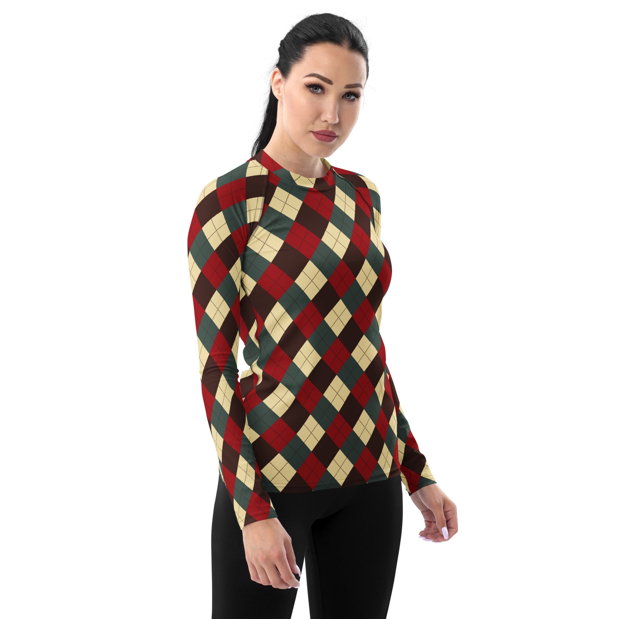 Women's Red Green Brown Christmas Argyle Long Sleeve Rash Guard Swim Shirt – Buttery Soft, Sun Safe UPF 50+ Protection, Quick Dry & 4-Way Stretch Comfort