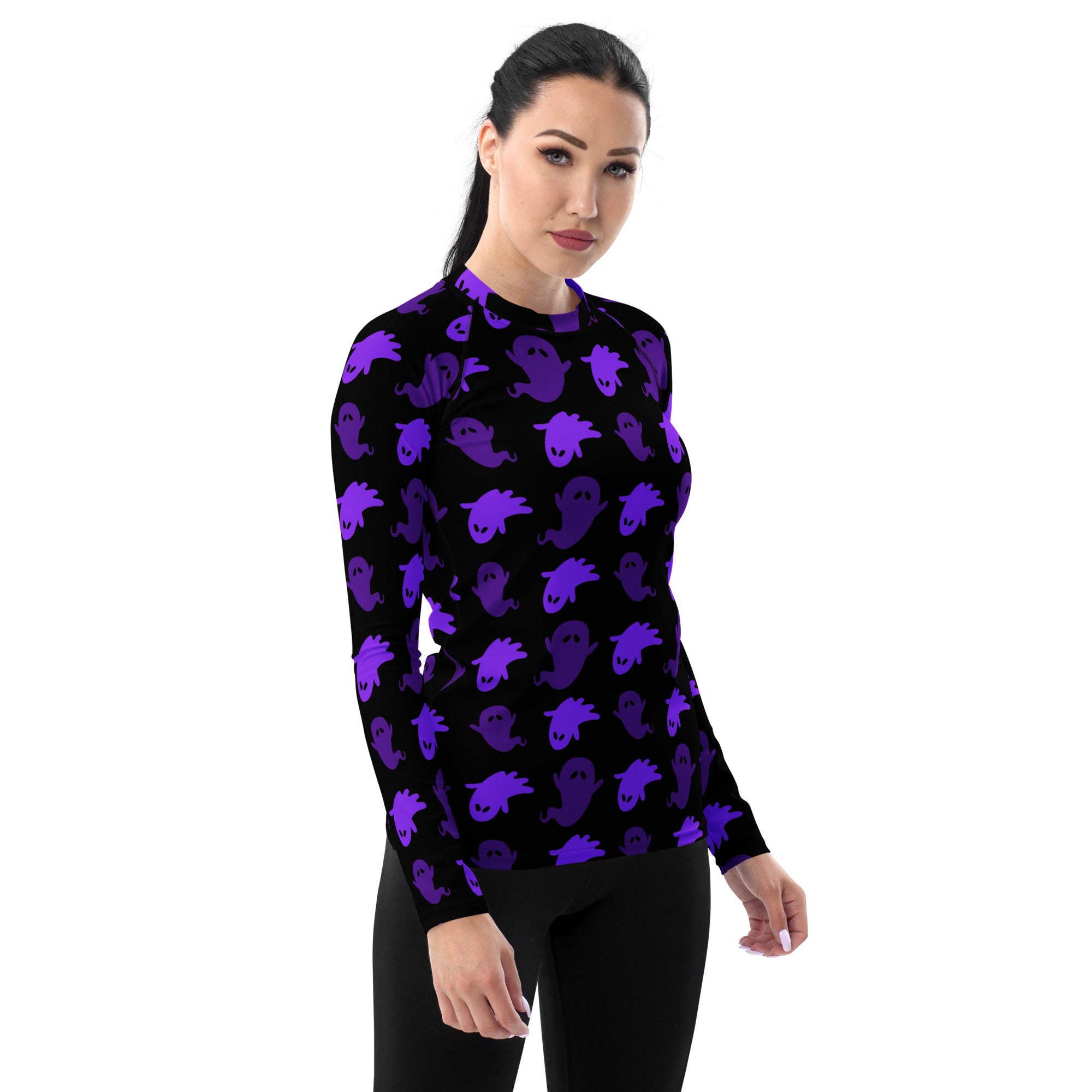 Women's Purple Ghost Halloween Long Sleeve Rash Guard Swim Shirt – Buttery Soft, Sun Safe UPF 50+ Protection, Quick Dry & 4-Way Stretch Comfort
