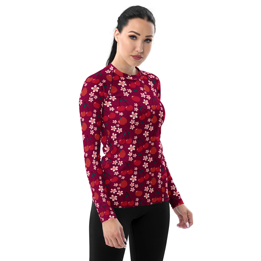 Women's Burgundy Cherry Floral Long Sleeve Rash Guard Swim Shirt – Buttery Soft, Sun Safe UPF 50+ Protection, Quick Dry & 4-Way Stretch Comfort