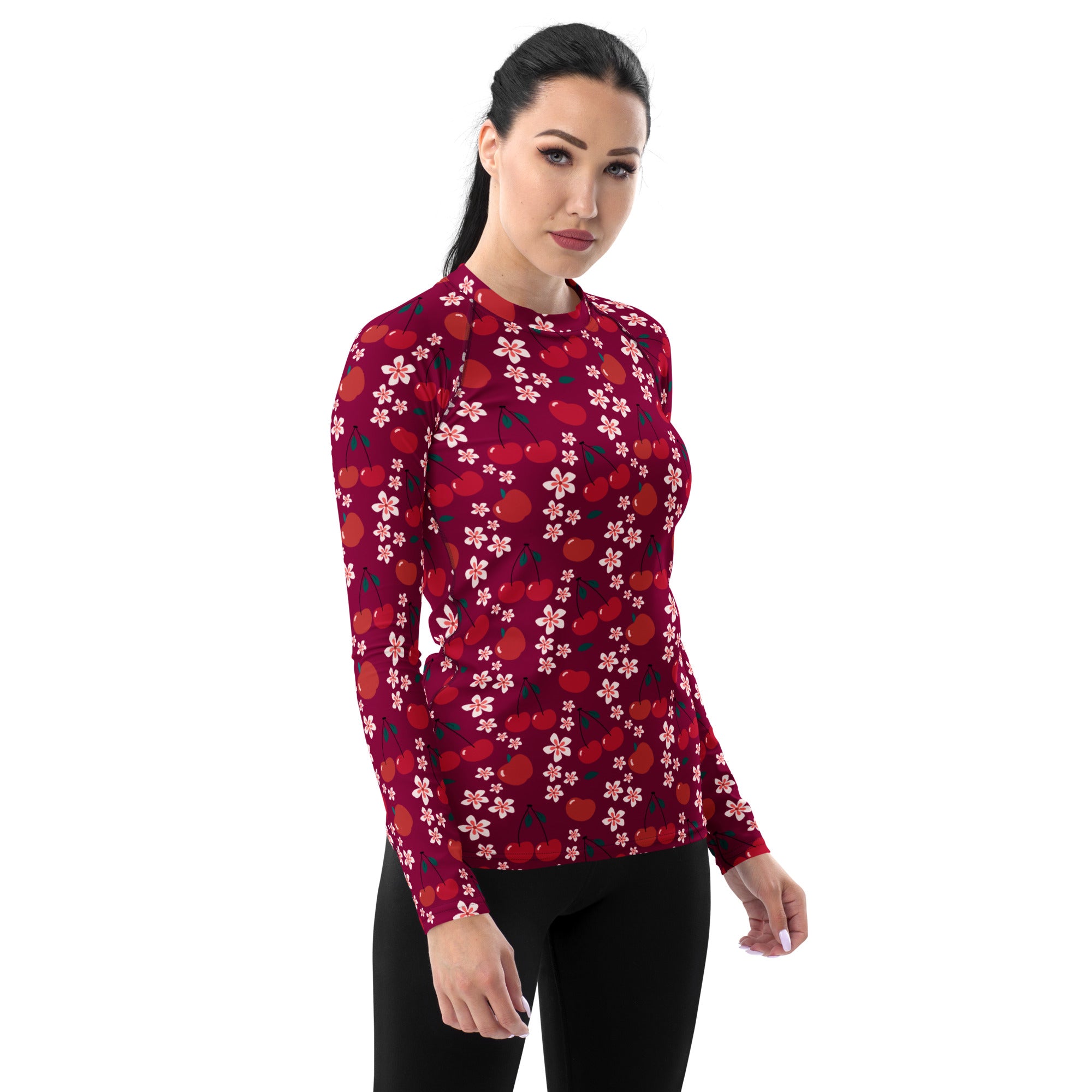 Women's Burgundy Cherry Floral Long Sleeve Rash Guard Swim Shirt – Buttery Soft, Sun Safe UPF 50+ Protection, Quick Dry & 4-Way Stretch Comfort