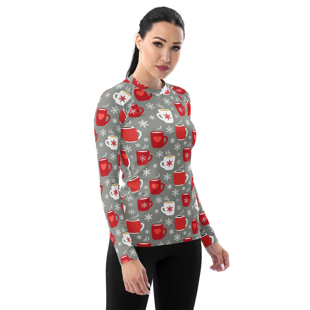 Women's Christmas Coffee Long Sleeve Rash Guard Swim Shirt – Buttery Soft, Sun Safe UPF 50+ Protection, Quick Dry & 4-Way Stretch Comfort