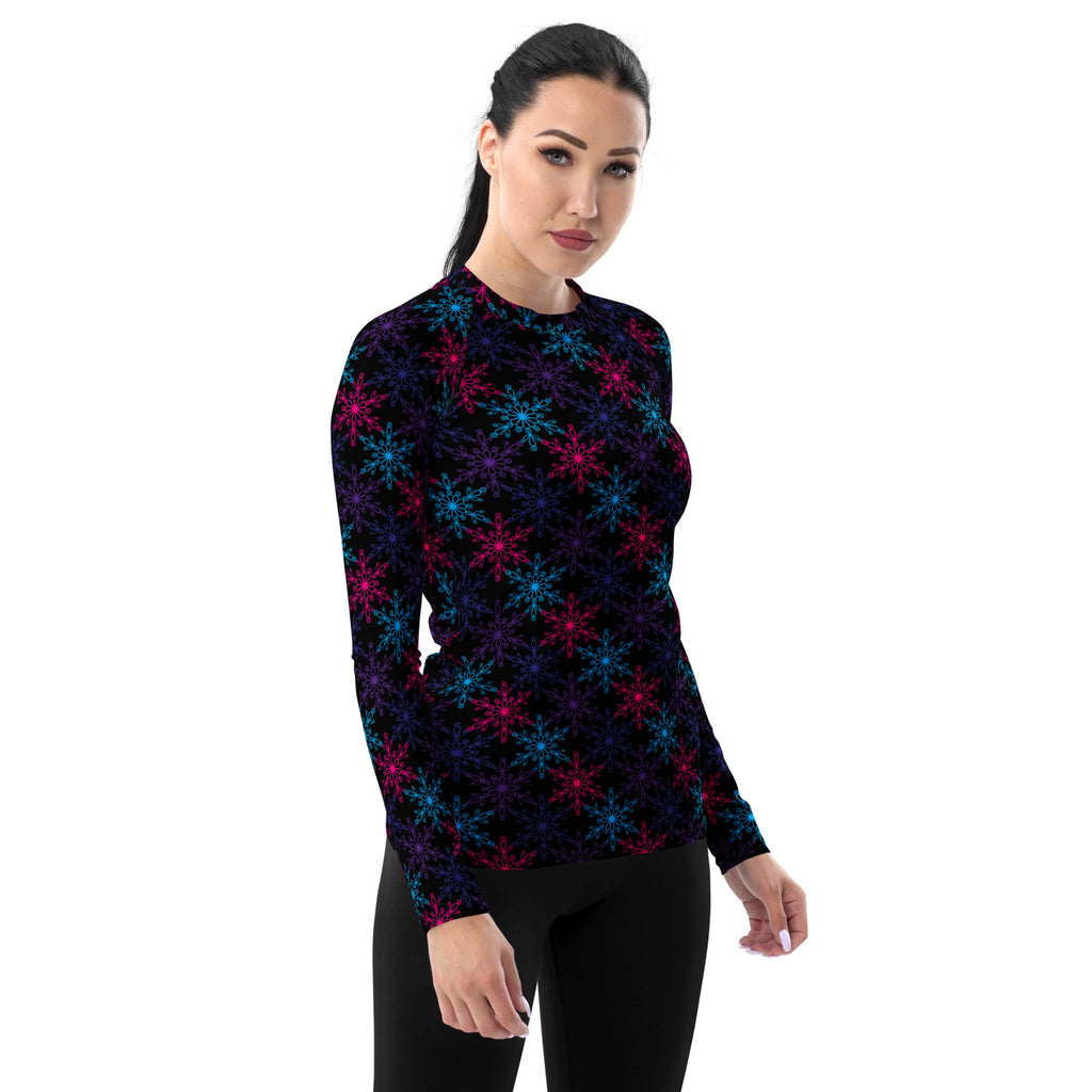 Women's Neon Snowflake Long Sleeve Rash Guard Swim Shirt – Buttery Soft, Sun Safe UPF 50+ Protection, Quick Dry & 4-Way Stretch Comfort