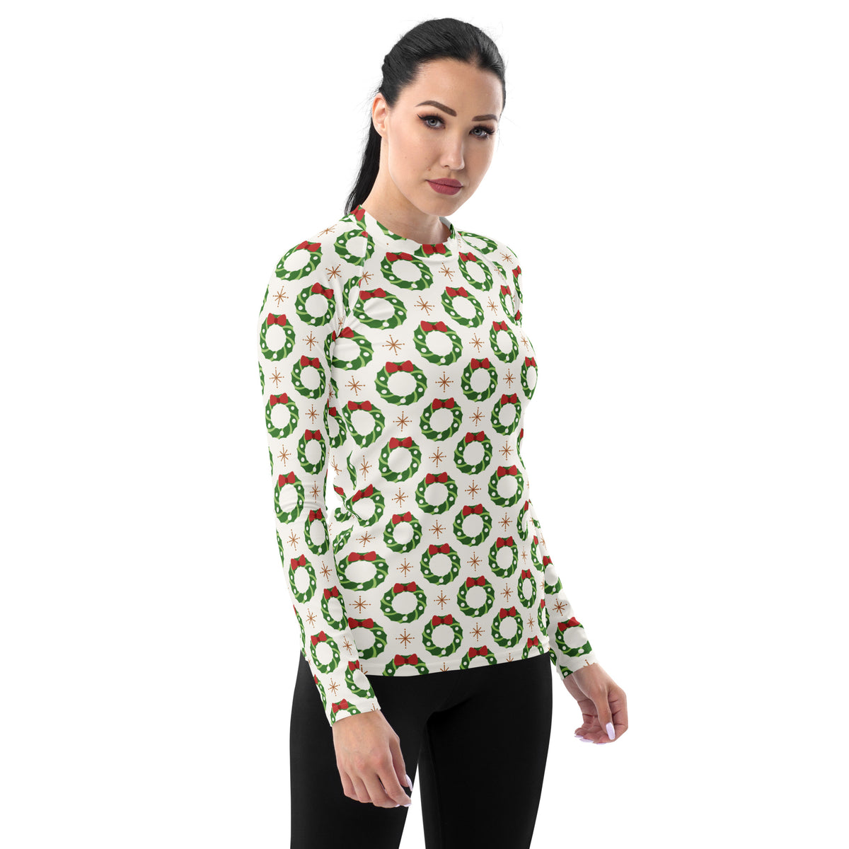 Women's Christmas Wreath Long Sleeve Rash Guard Swim Shirt – Buttery Soft, Sun Safe UPF 50+ Protection, Quick Dry & 4-Way Stretch Comfort