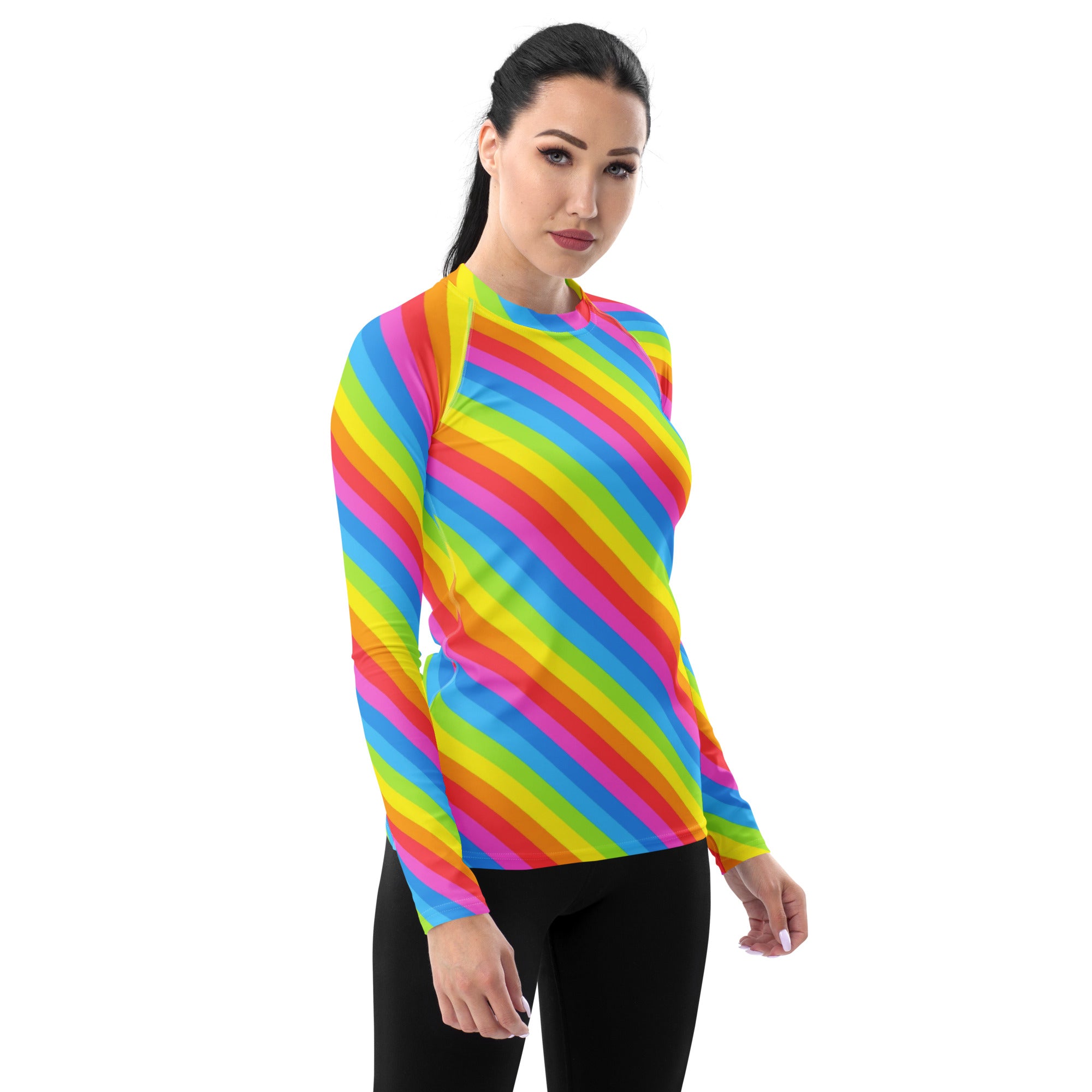 Women's Rainbow Stripe Long Sleeve Rash Guard Swim Shirt – Buttery Soft, Sun Safe UPF 50+ Protection, Quick Dry & 4-Way Stretch Comfort