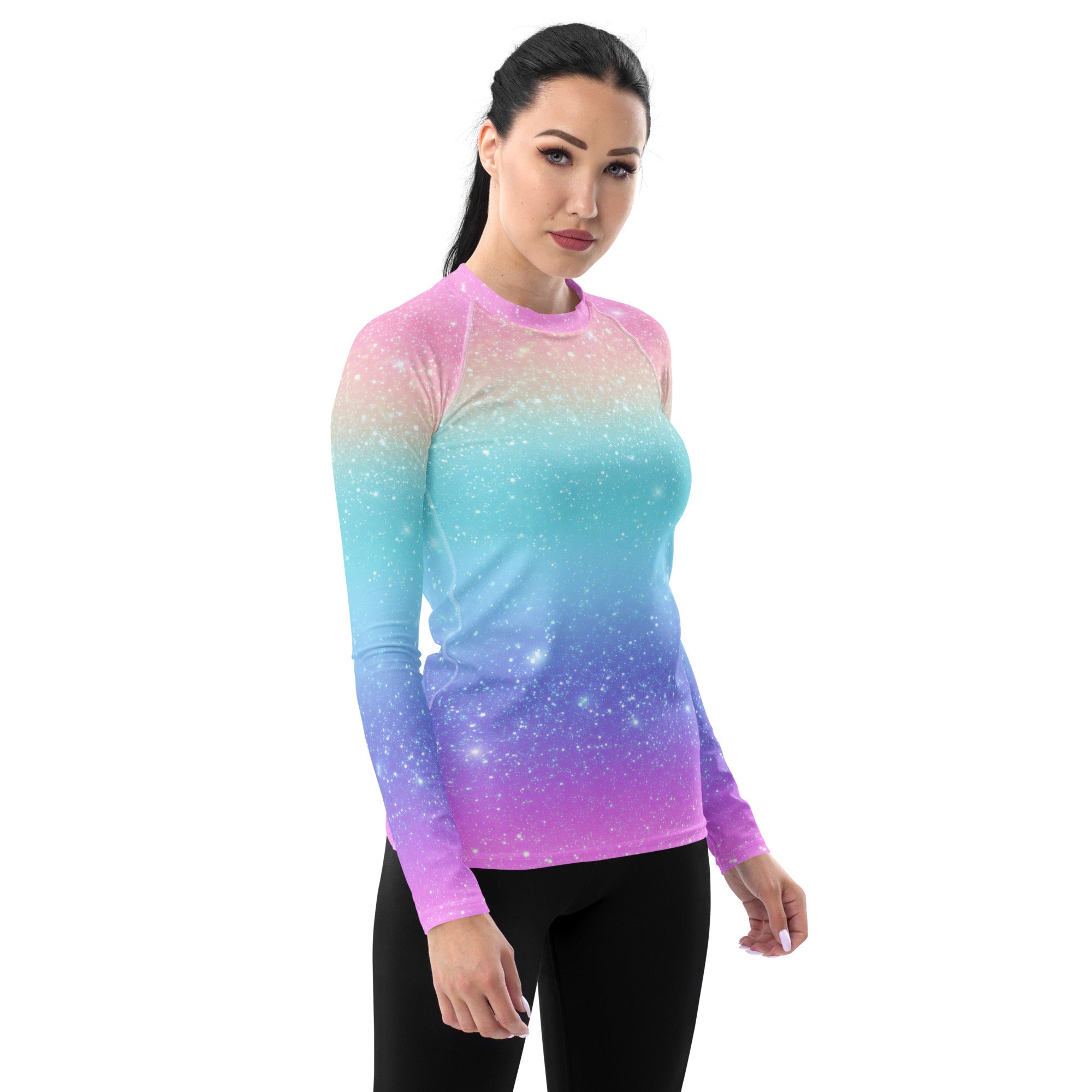 Women's Faux Sparkle Effect Long Sleeve Rash Guard Swim Shirt – Buttery Soft, Sun Safe UPF 50+ Protection, Quick Dry & 4-Way Stretch Comfort