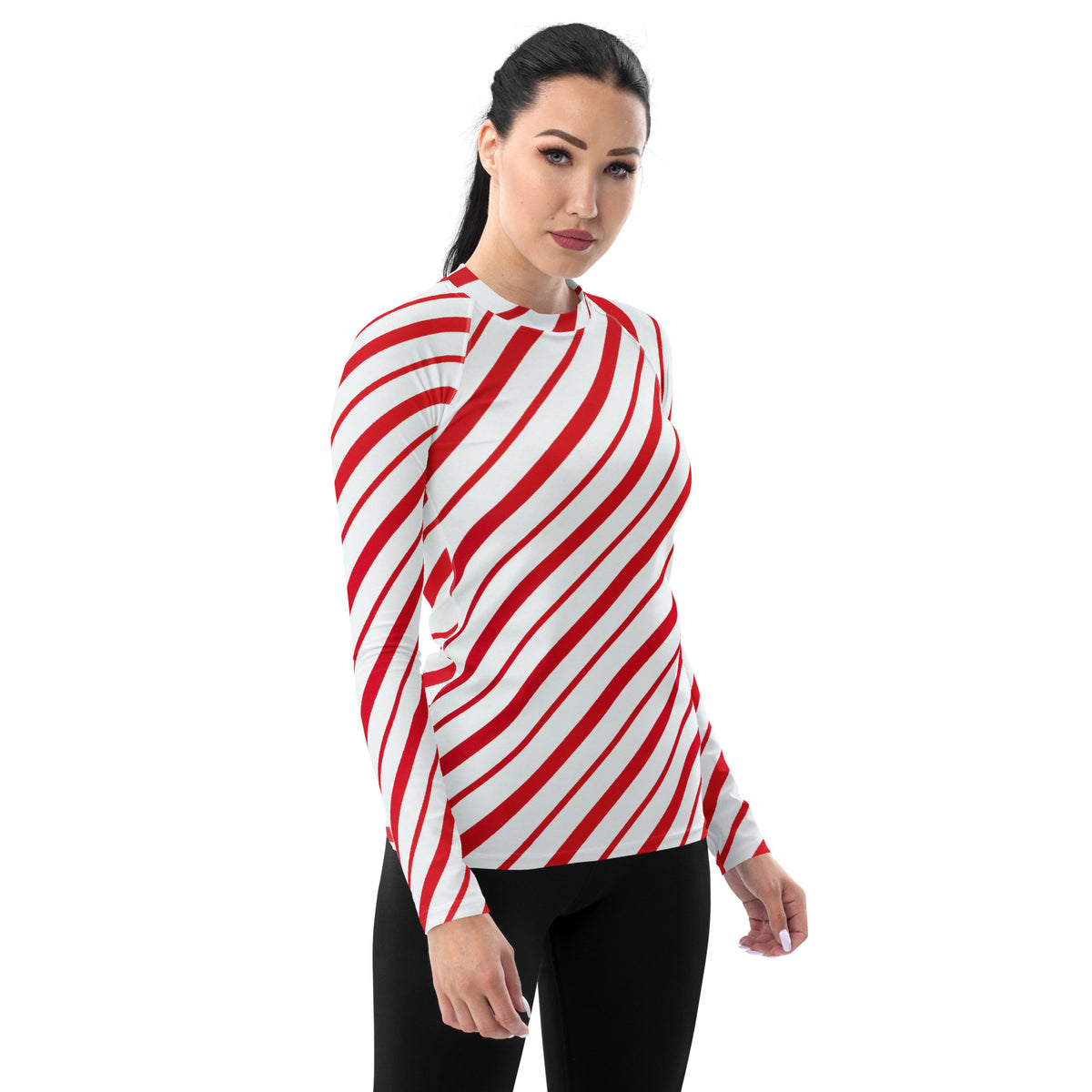 Women's Red Candy Cane Stripe Long Sleeve Rash Guard Swim Shirt – Buttery Soft, Sun Safe UPF 50+ Protection, Quick Dry & 4-Way Stretch Comfort