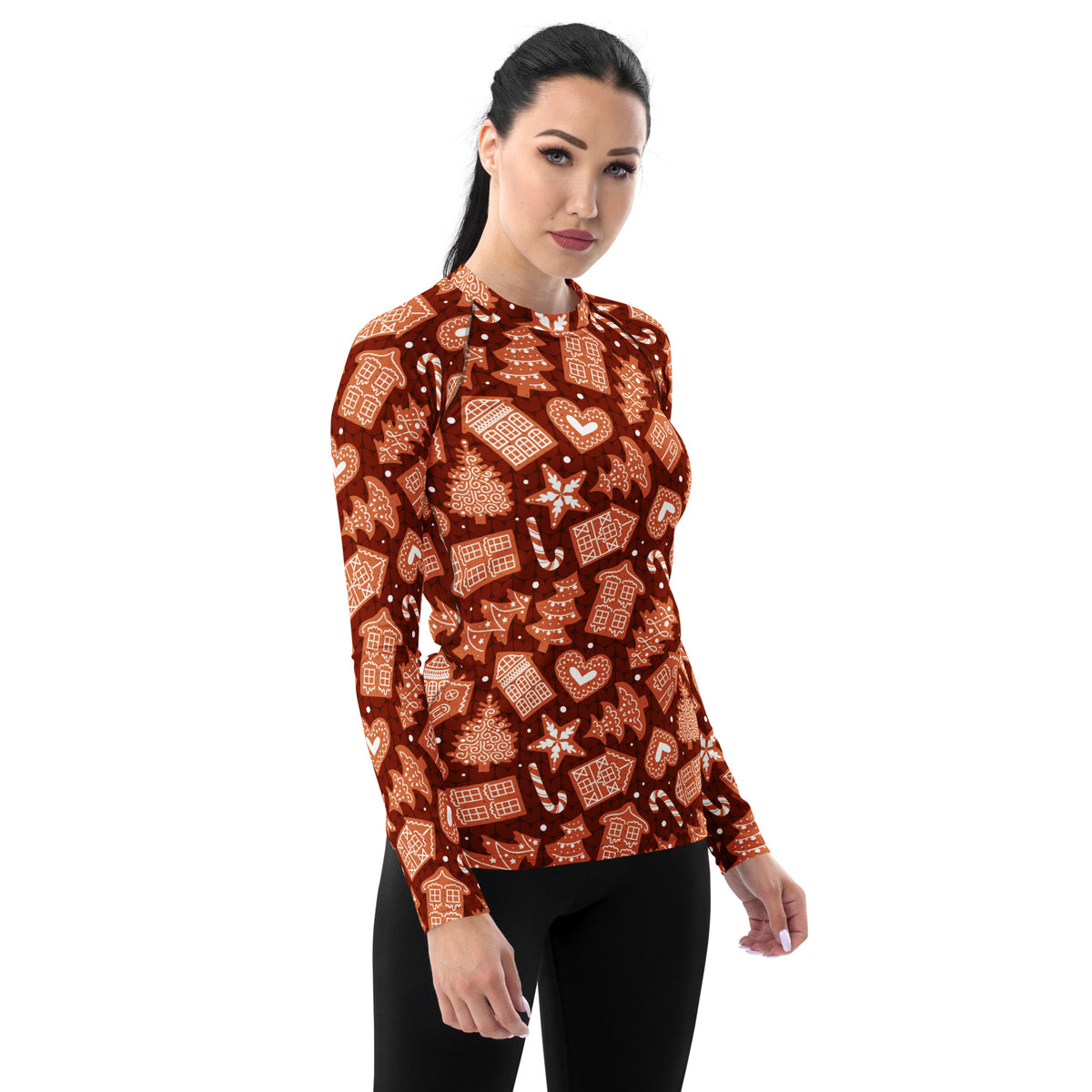 Women's Red Gingerbread Cookie Long Sleeve Rash Guard Swim Shirt – Buttery Soft, Sun Safe UPF 50+ Protection, Quick Dry & 4-Way Stretch Comfort
