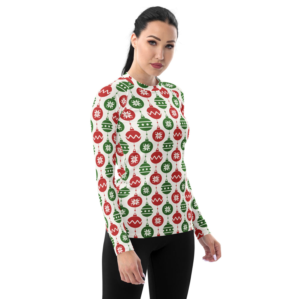 Women's Christmas Ornament Long Sleeve Rash Guard Swim Shirt – Buttery Soft, Sun Safe UPF 50+ Protection, Quick Dry & 4-Way Stretch Comfort
