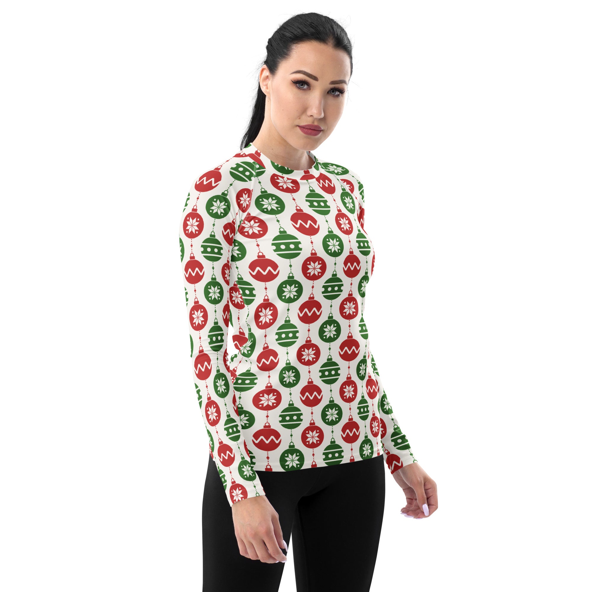 Women's Christmas Ornament Long Sleeve Rash Guard Swim Shirt – Buttery Soft, Sun Safe UPF 50+ Protection, Quick Dry & 4-Way Stretch Comfort