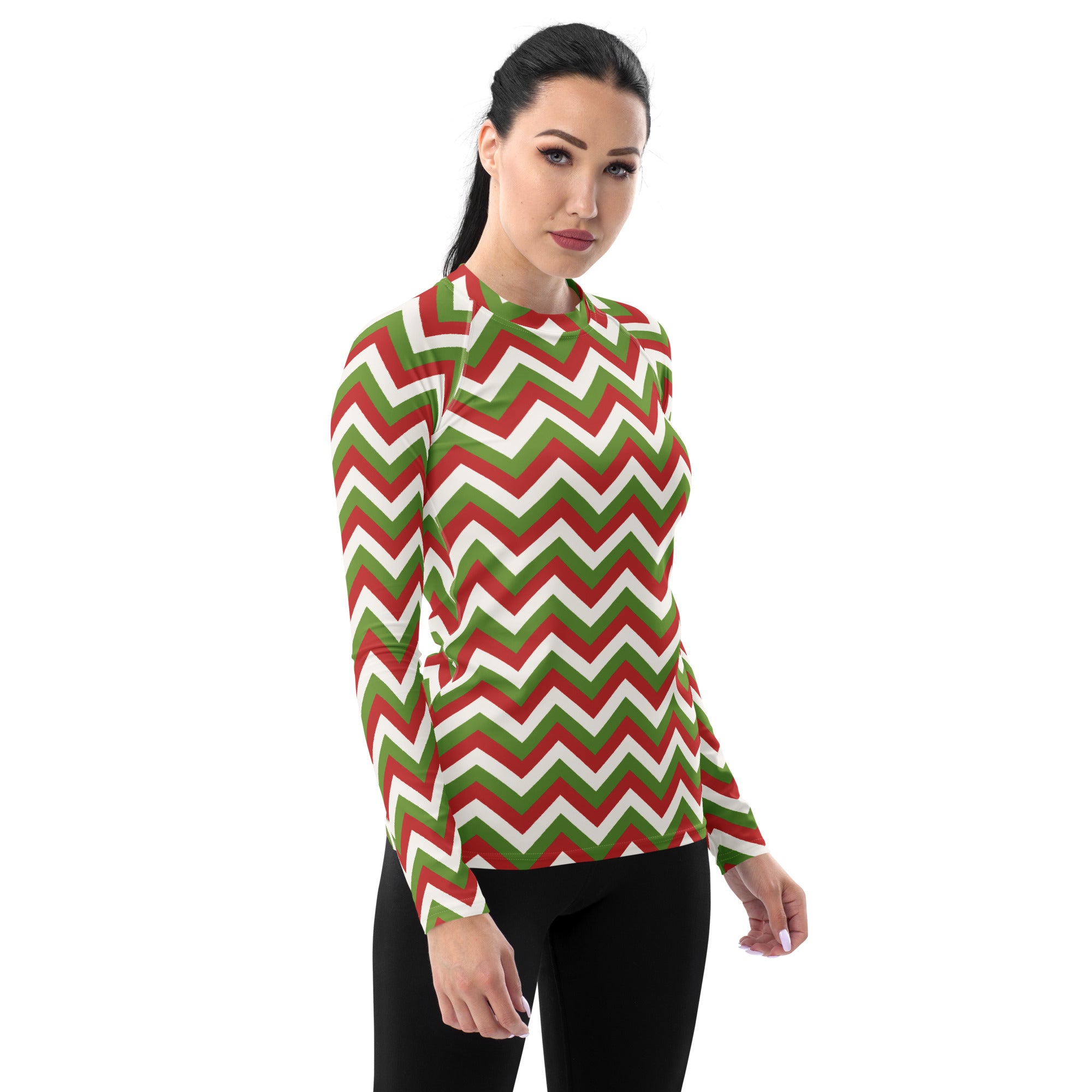 Women's Christmas Chevron Long Sleeve Rash Guard Swim Shirt – Buttery Soft, Sun Safe UPF 50+ Protection, Quick Dry & 4-Way Stretch Comfort