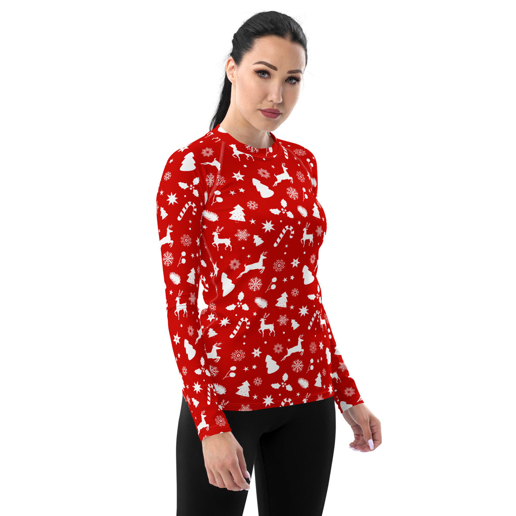 Women's Red Christmas Long Sleeve Rash Guard Swim Shirt – Buttery Soft, Sun Safe UPF 50+ Protection, Quick Dry & 4-Way Stretch Comfort