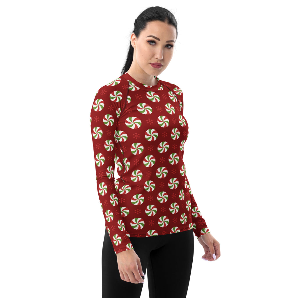 Women's Peppermint Christmas Long Sleeve Rash Guard Swim Shirt – Buttery Soft, Sun Safe UPF 50+ Protection, Quick Dry & 4-Way Stretch Comfort