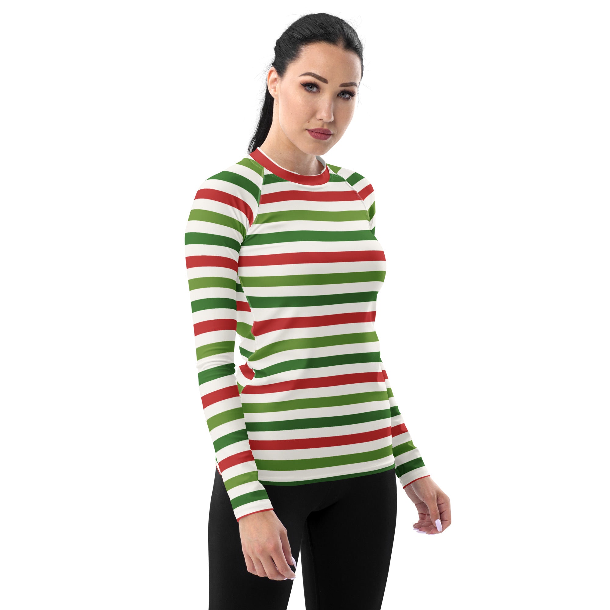 Women's Christmas Stripe Long Sleeve Rash Guard Swim Shirt – Buttery Soft, Sun Safe UPF 50+ Protection, Quick Dry & 4-Way Stretch Comfort