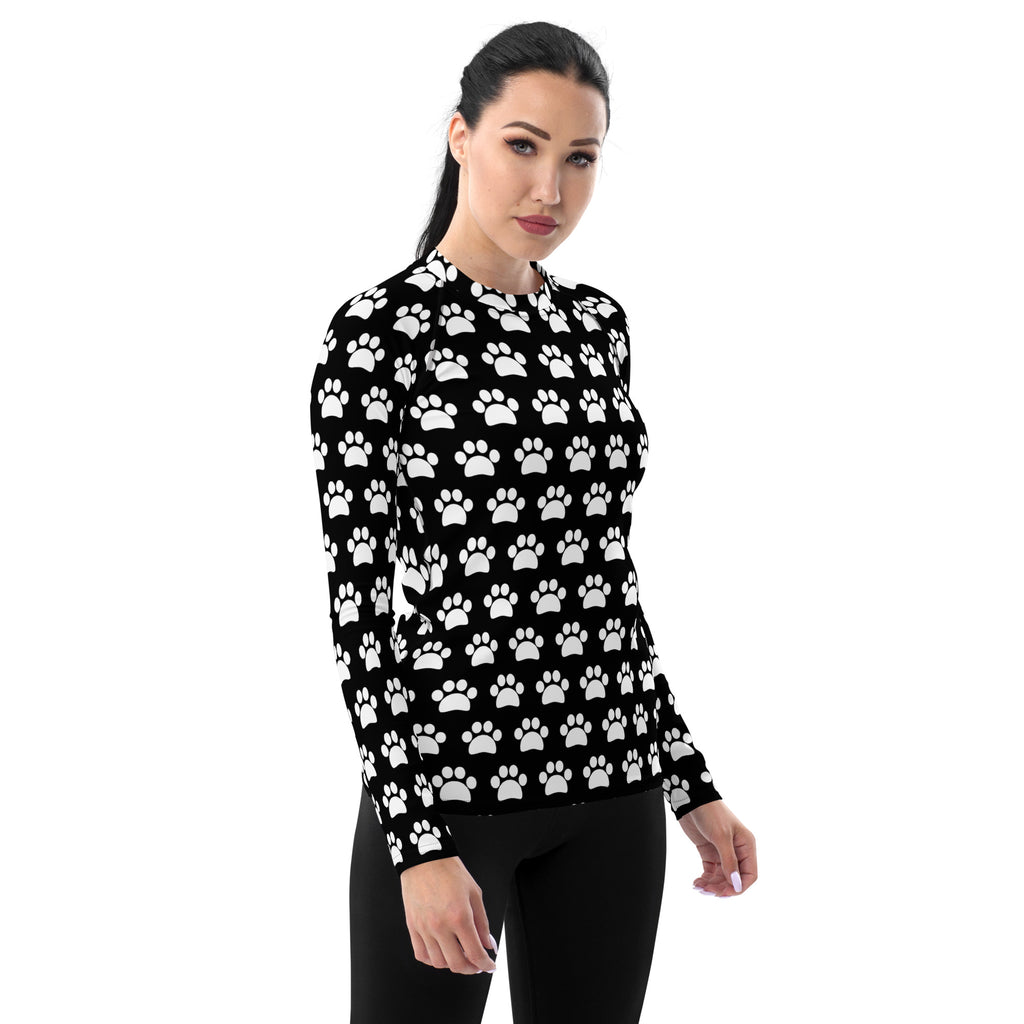 Women's Black Paw Print Long Sleeve Rash Guard Swim Shirt – Buttery Soft, Sun Safe UPF 50+ Protection, Quick Dry & 4-Way Stretch Comfort