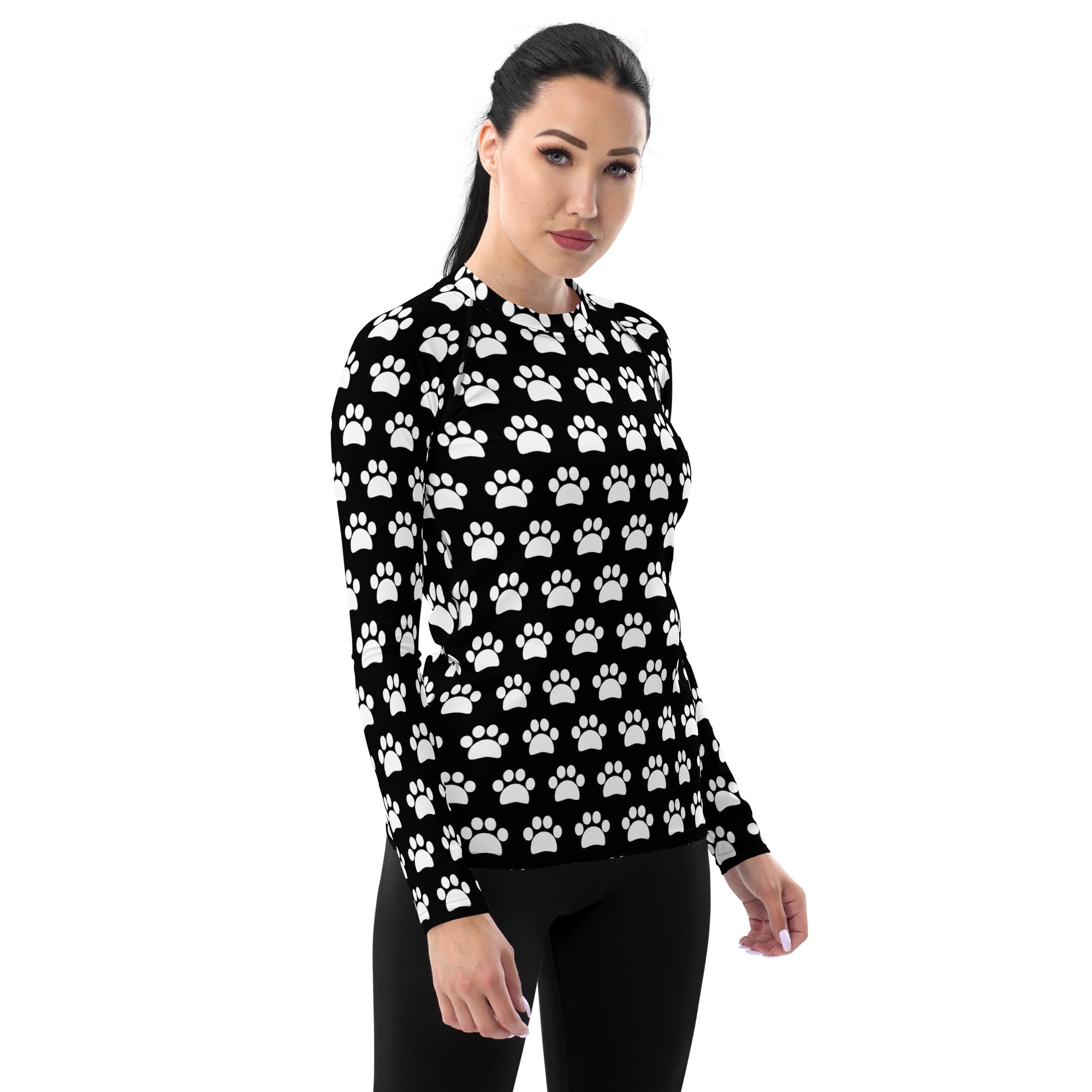 Women's Black Paw Print Long Sleeve Rash Guard Swim Shirt – Buttery Soft, Sun Safe UPF 50+ Protection, Quick Dry & 4-Way Stretch Comfort