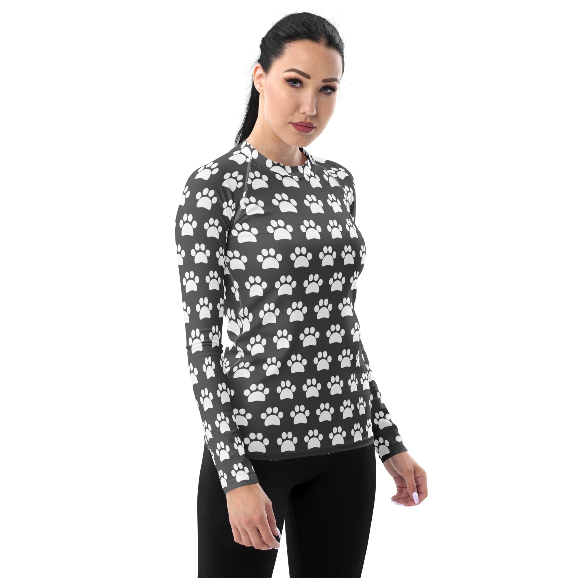 Women's Gray Paw Print Long Sleeve Rash Guard Swim Shirt – Buttery Soft, Sun Safe UPF 50+ Protection, Quick Dry & 4-Way Stretch Comfort