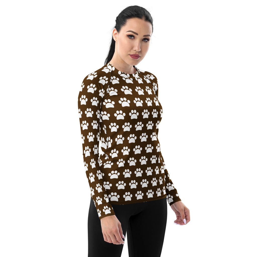Women's Brown Paw Print Long Sleeve Rash Guard Swim Shirt – Buttery Soft, Sun Safe UPF 50+ Protection, Quick Dry & 4-Way Stretch Comfort