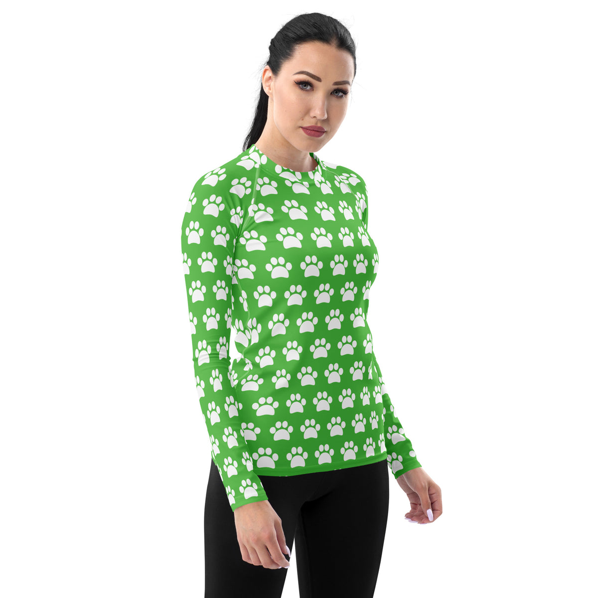 Women's Green Paw Print Long Sleeve Rash Guard Swim Shirt – Buttery Soft, Sun Safe UPF 50+ Protection, Quick Dry & 4-Way Stretch Comfort