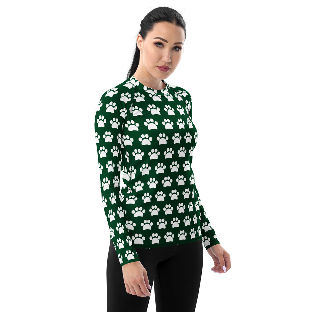 Women's Forest Green Paw Print Long Sleeve Rash Guard Swim Shirt – Buttery Soft, Sun Safe UPF 50+ Protection, Quick Dry & 4-Way Stretch Comfort