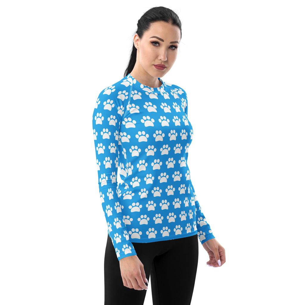 Women's Light Blue Paw Print Long Sleeve Rash Guard Swim Shirt – Buttery Soft, Sun Safe UPF 50+ Protection, Quick Dry & 4-Way Stretch Comfort
