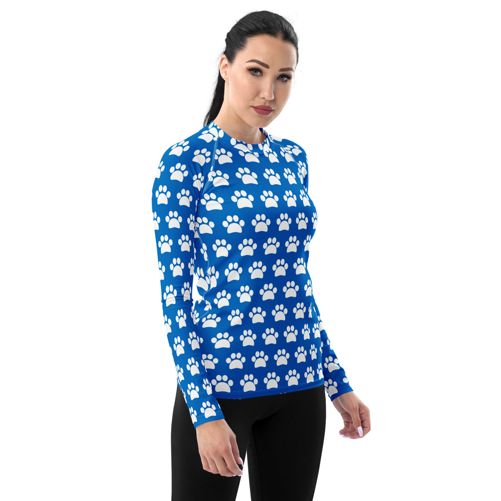 Women's Blue Paw Print Long Sleeve Rash Guard Swim Shirt – Buttery Soft, Sun Safe UPF 50+ Protection, Quick Dry & 4-Way Stretch Comfort