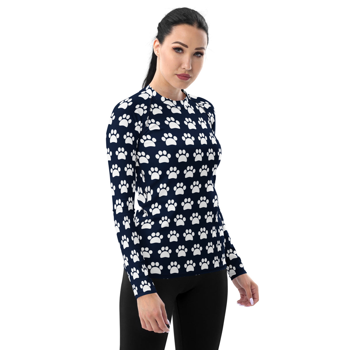 Women's Navy Blue Paw Print Long Sleeve Rash Guard Swim Shirt – Buttery Soft, Sun Safe UPF 50+ Protection, Quick Dry & 4-Way Stretch Comfort