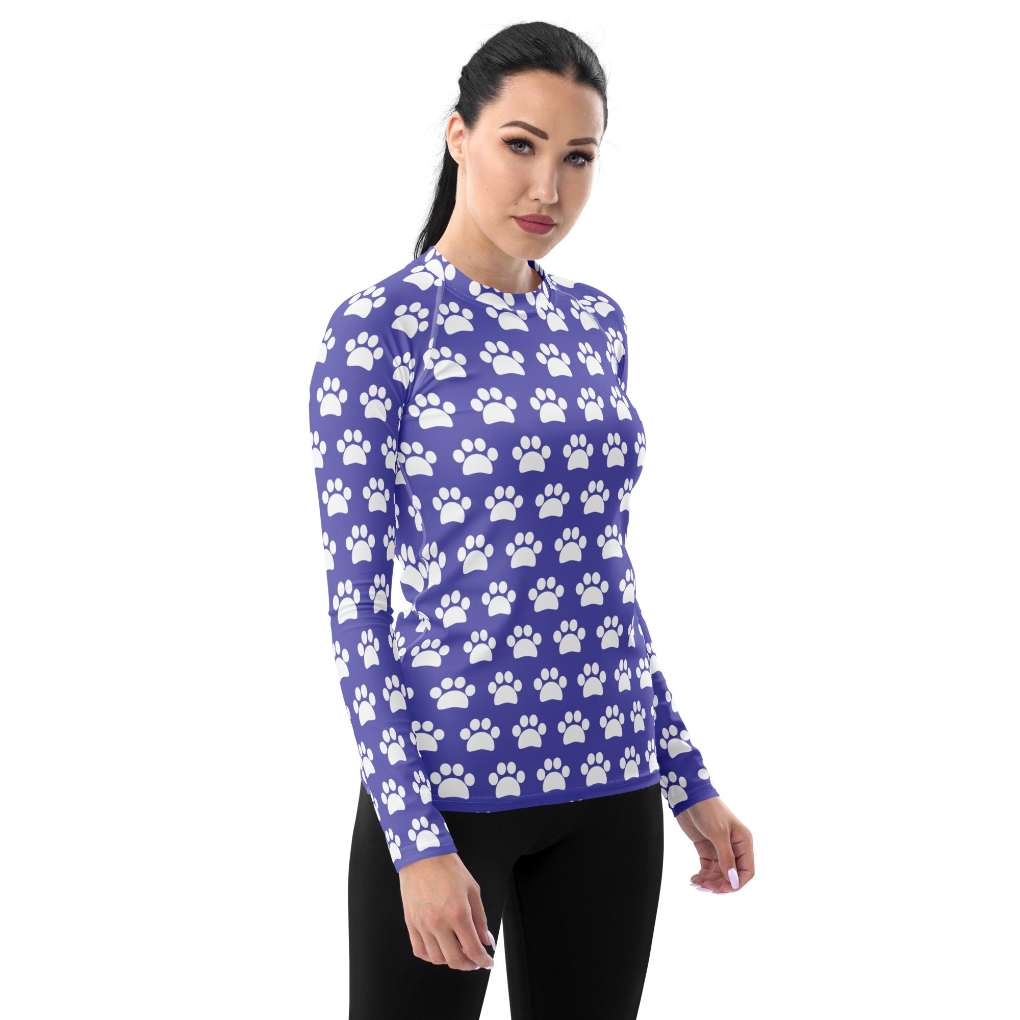Women's Purple Paw Print Long Sleeve Rash Guard Swim Shirt – Buttery Soft, Sun Safe UPF 50+ Protection, Quick Dry & 4-Way Stretch Comfort