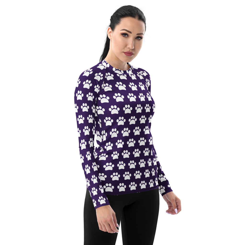 Women's Dark Purple Paw Print Long Sleeve Rash Guard Swim Shirt – Buttery Soft, Sun Safe UPF 50+ Protection, Quick Dry & 4-Way Stretch Comfort