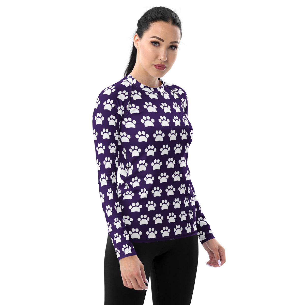 Women's Dark Purple Paw Print Long Sleeve Rash Guard Swim Shirt – Buttery Soft, Sun Safe UPF 50+ Protection, Quick Dry & 4-Way Stretch Comfort