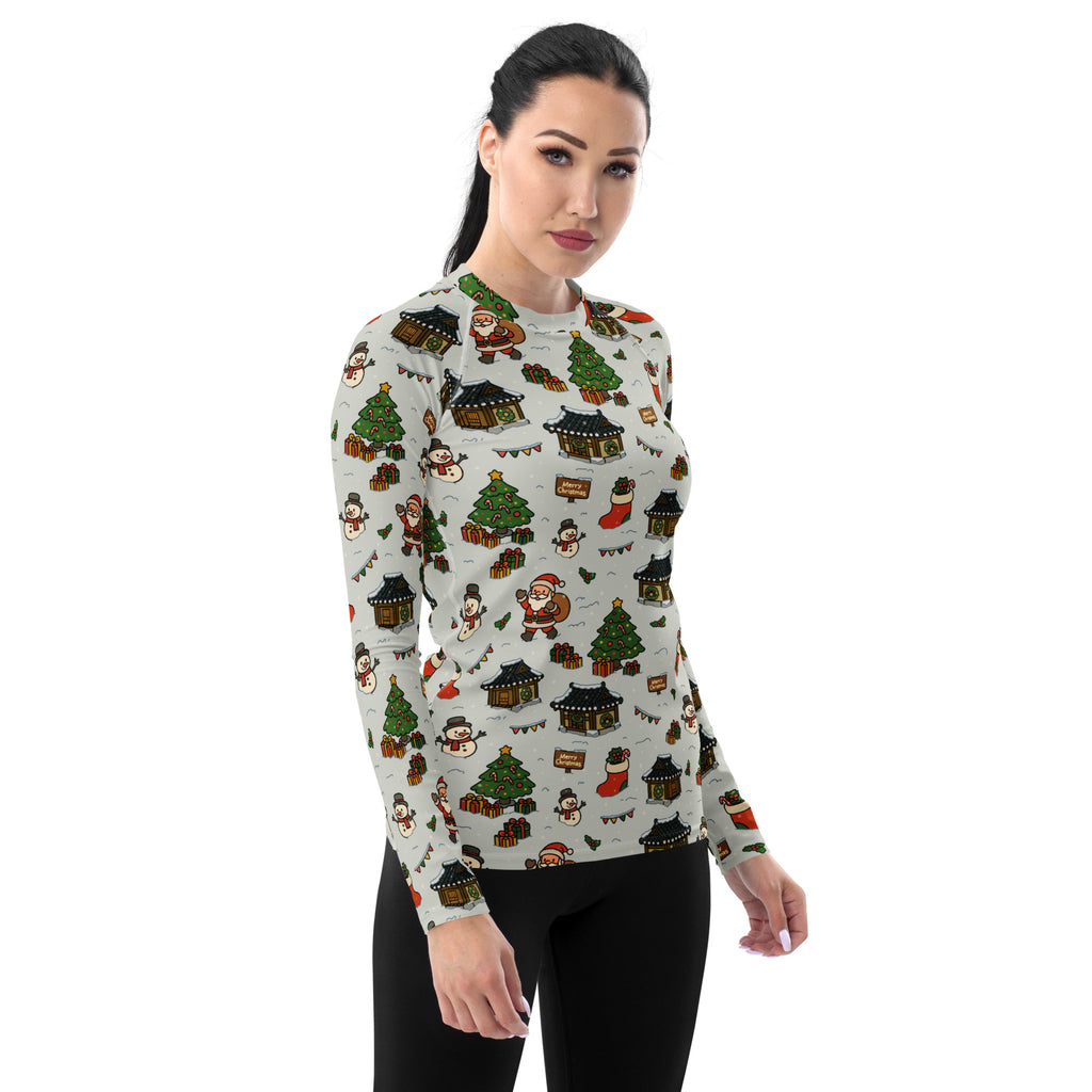 Women's Christmas Village Long Sleeve Rash Guard Swim Shirt – Buttery Soft, Sun Safe UPF 50+ Protection, Quick Dry & 4-Way Stretch Comfort
