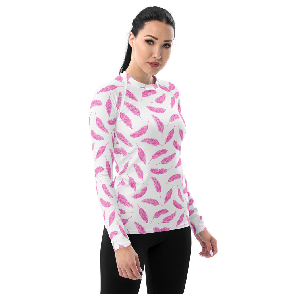 Women's Pink Flamingo Feather Long Sleeve Rash Guard Swim Shirt – Buttery Soft, Sun Safe UPF 50+ Protection, Quick Dry & 4-Way Stretch Comfort