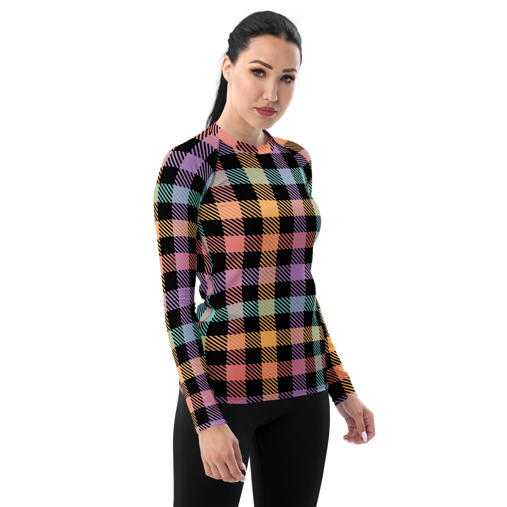 Women's Rainbow Plaid Long Sleeve Rash Guard Swim Shirt – Buttery Soft, Sun Safe UPF 50+ Protection, Quick Dry & 4-Way Stretch Comfort