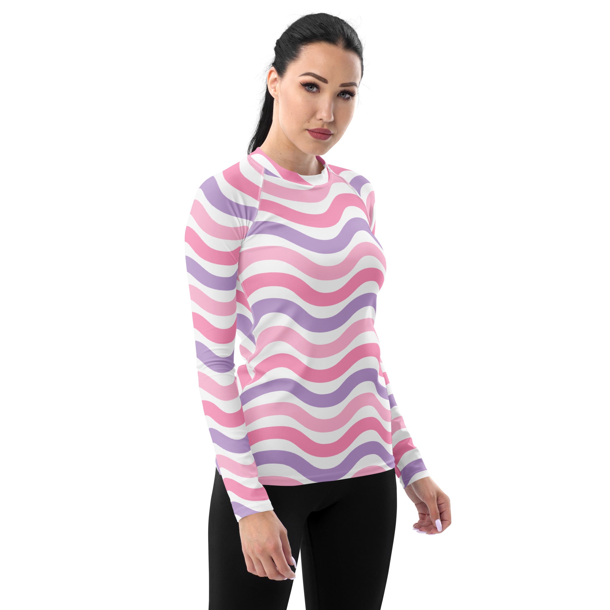 Women's Coastal Pink Purple Wavy Stripe Long Sleeve Rash Guard Swim Shirt – Buttery Soft, Sun Safe UPF 50+ Protection, Quick Dry & 4-Way Stretch Comfort