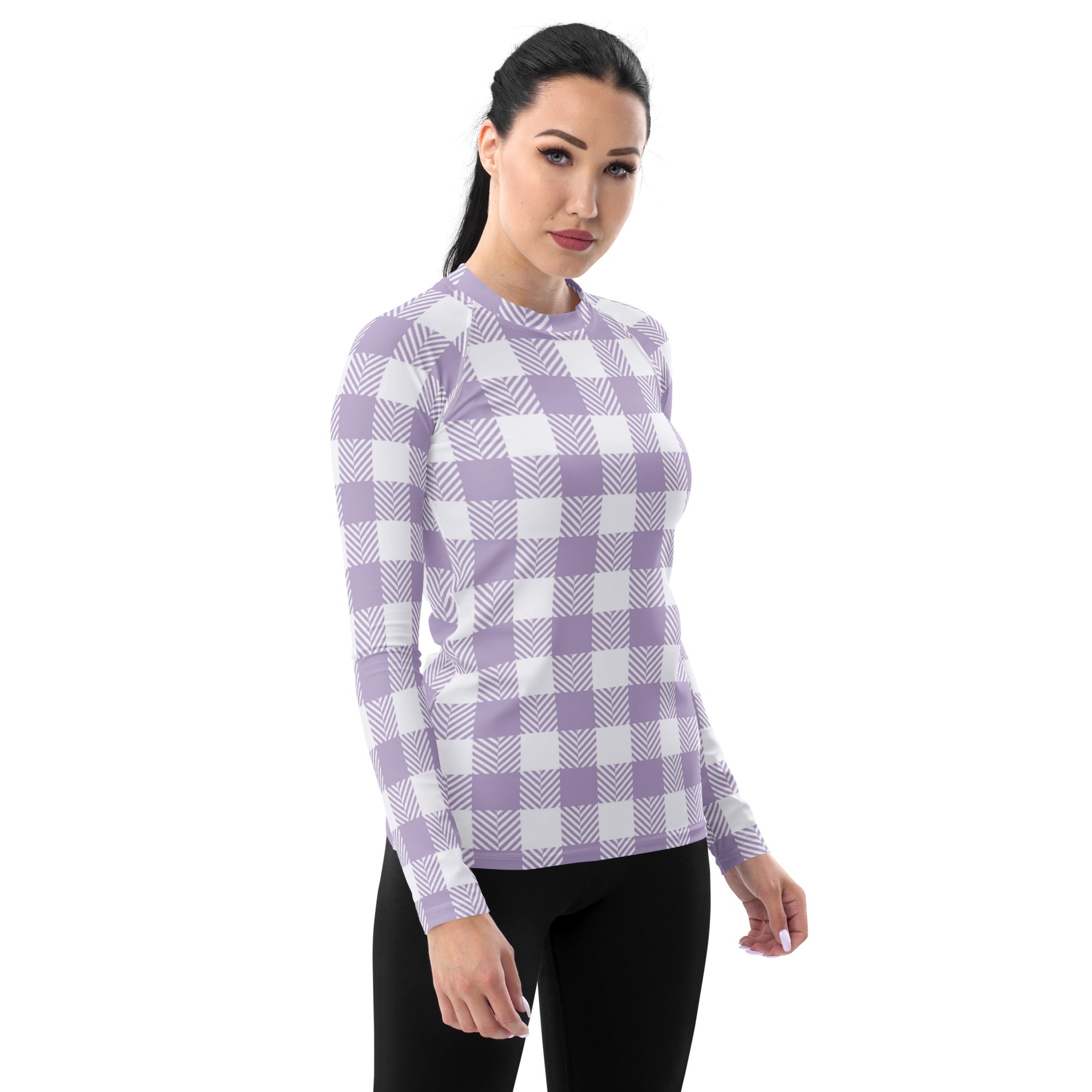 Women's Lavender Gingham Long Sleeve Rash Guard Swim Shirt – Buttery Soft, Sun Safe UPF 50+ Protection, Quick Dry & 4-Way Stretch Comfort