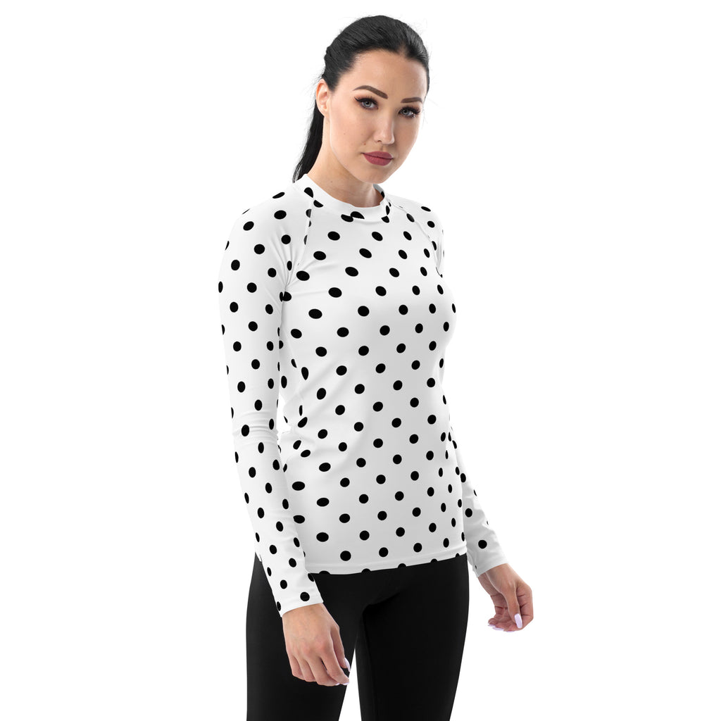 Women's White Polka Dot Long Sleeve Rash Guard Swim Shirt – Buttery Soft, Sun Safe UPF 50+ Protection, Quick Dry & 4-Way Stretch Comfort