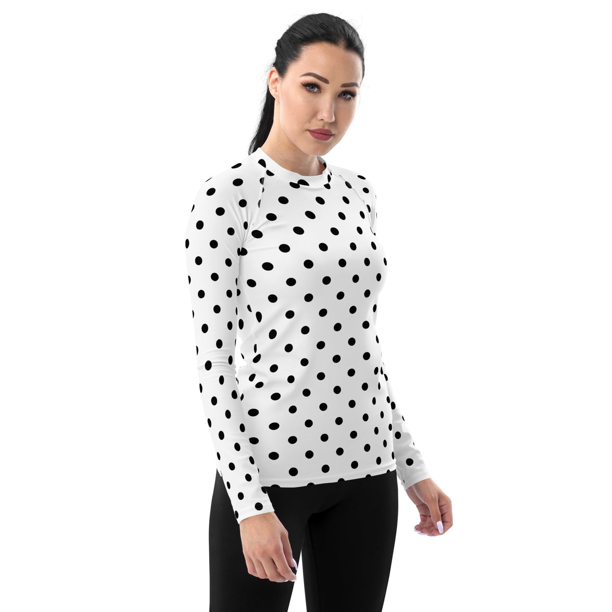 Women's White Polka Dot Long Sleeve Rash Guard Swim Shirt – Buttery Soft, Sun Safe UPF 50+ Protection, Quick Dry & 4-Way Stretch Comfort