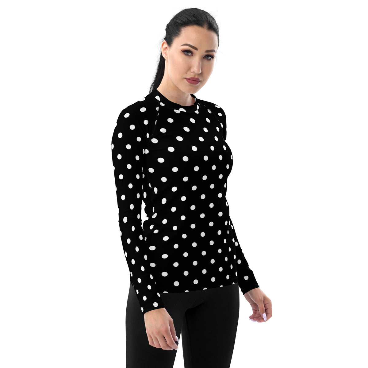 Women's Black Polka Dot Long Sleeve Rash Guard Swim Shirt – Buttery Soft, Sun Safe UPF 50+ Protection, Quick Dry & 4-Way Stretch Comfort