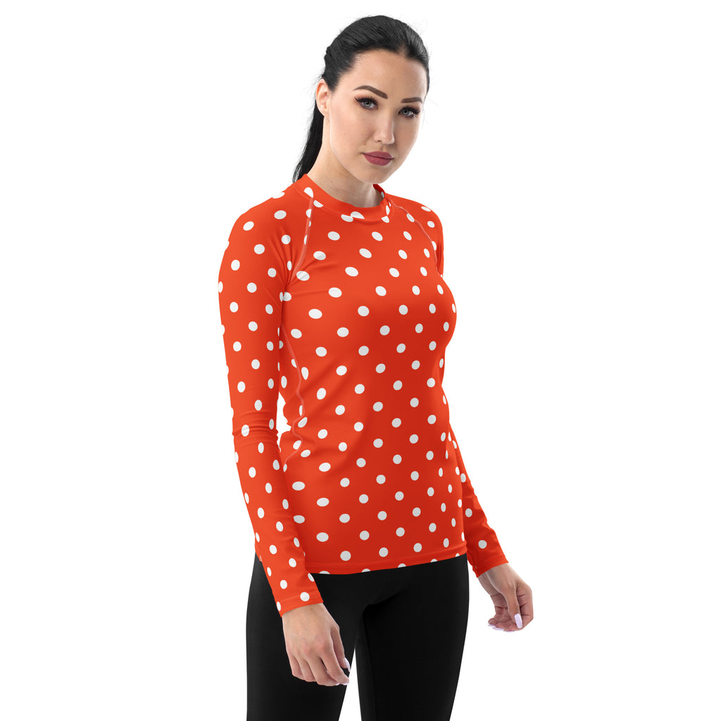 Women's Bright Orange Polka Dot Long Sleeve Rash Guard Swim Shirt – Buttery Soft, Sun Safe UPF 50+ Protection, Quick Dry & 4-Way Stretch Comfort