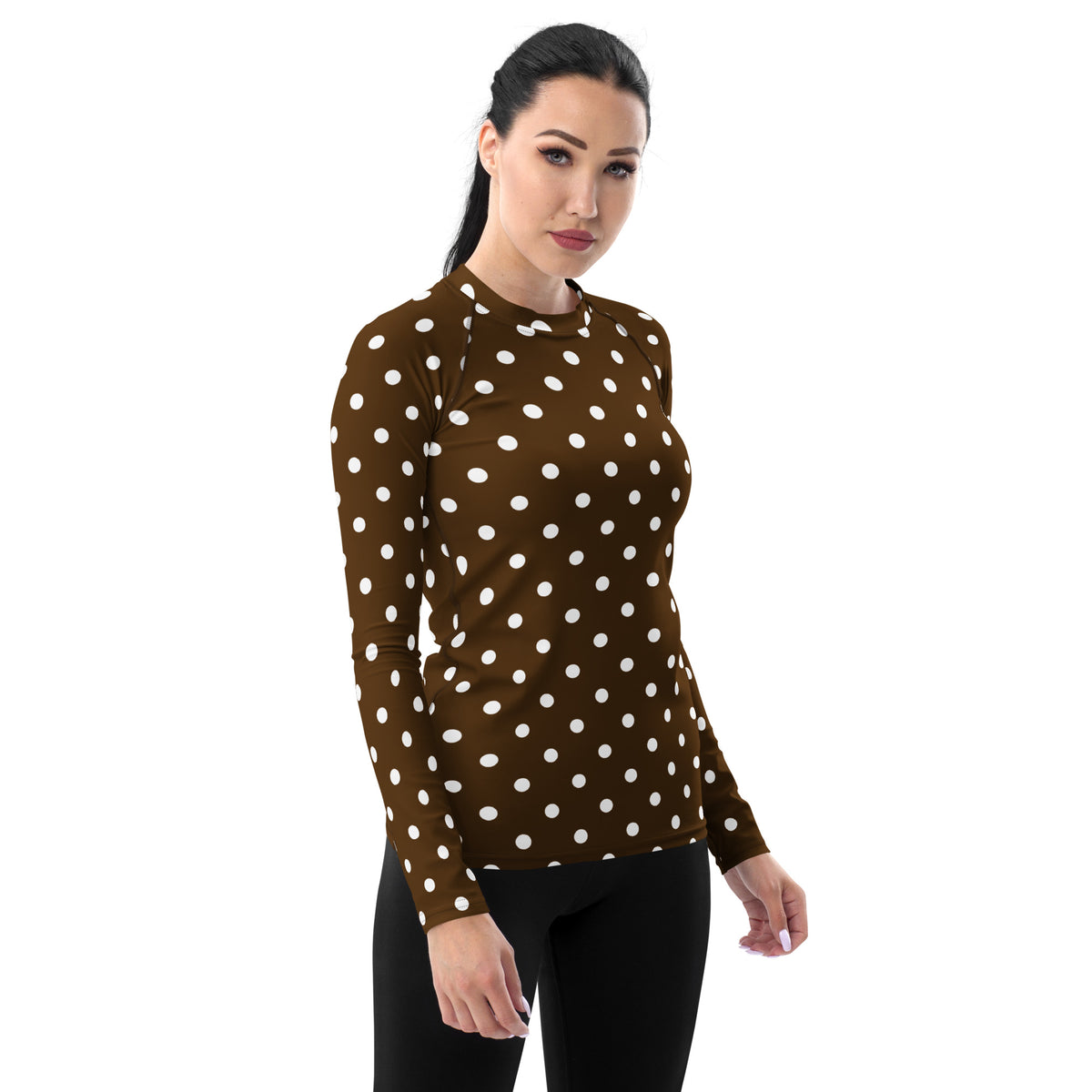 Women's Brown Polka Dot Long Sleeve Rash Guard Swim Shirt – Buttery Soft, Sun Safe UPF 50+ Protection, Quick Dry & 4-Way Stretch Comfort