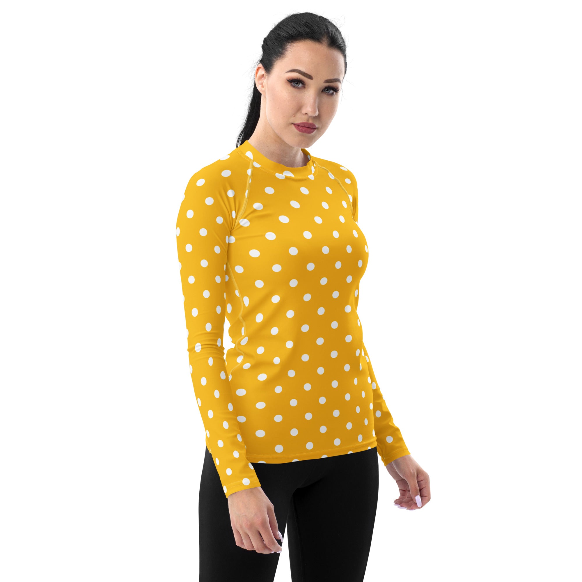 Women's Yellow Polka Dot Long Sleeve Rash Guard Swim Shirt – Buttery Soft, Sun Safe UPF 50+ Protection, Quick Dry & 4-Way Stretch Comfort