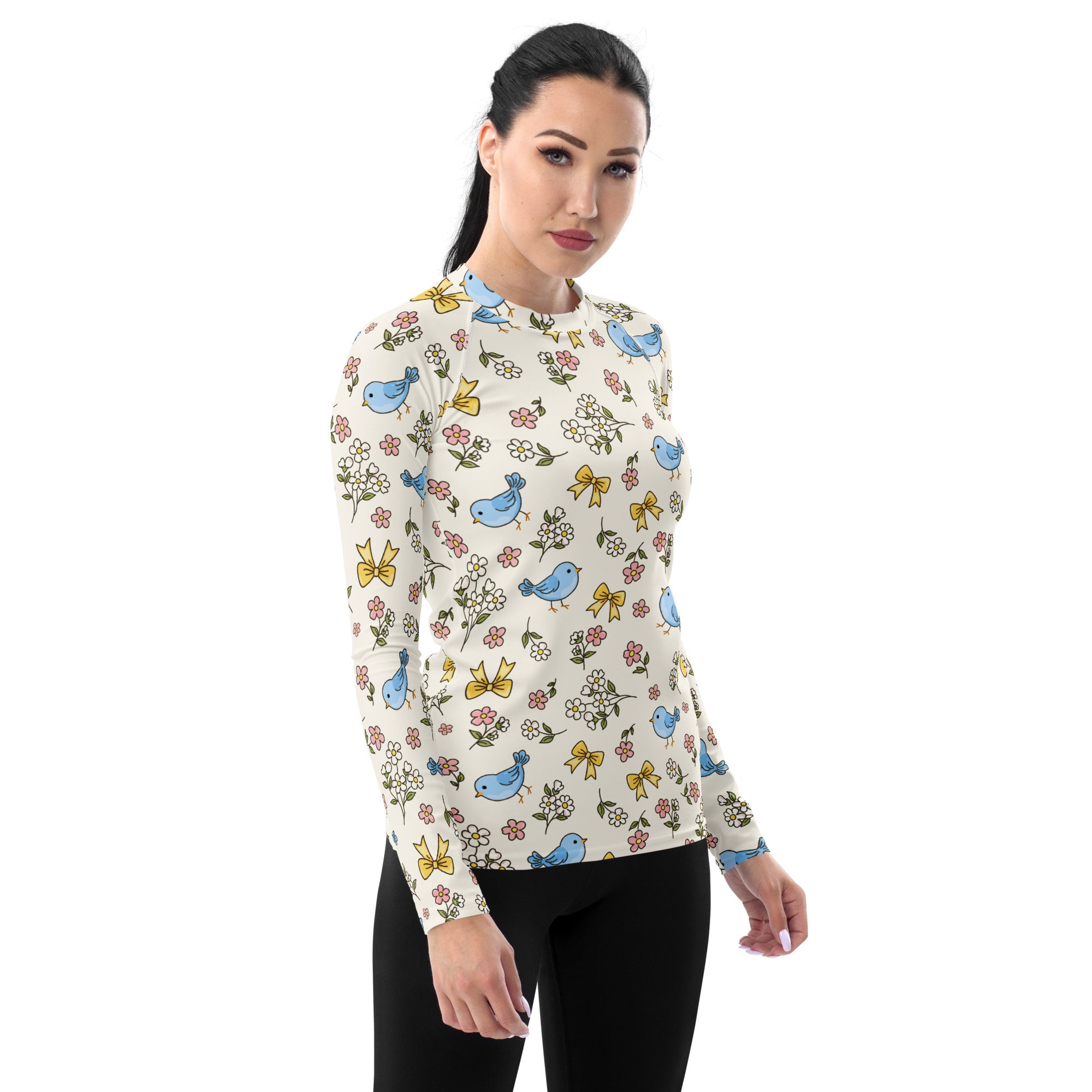Women's Blue Bird Floral Long Sleeve Rash Guard Swim Shirt – Buttery Soft, Sun Safe UPF 50+ Protection, Quick Dry & 4-Way Stretch Comfort