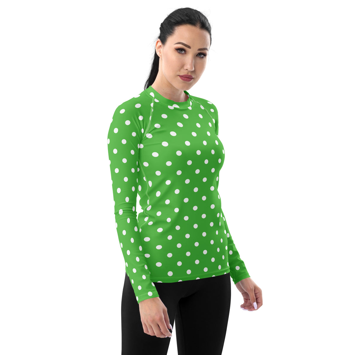 Women's Green Polka Dot Long Sleeve Rash Guard Swim Shirt – Buttery Soft, Sun Safe UPF 50+ Protection, Quick Dry & 4-Way Stretch Comfort